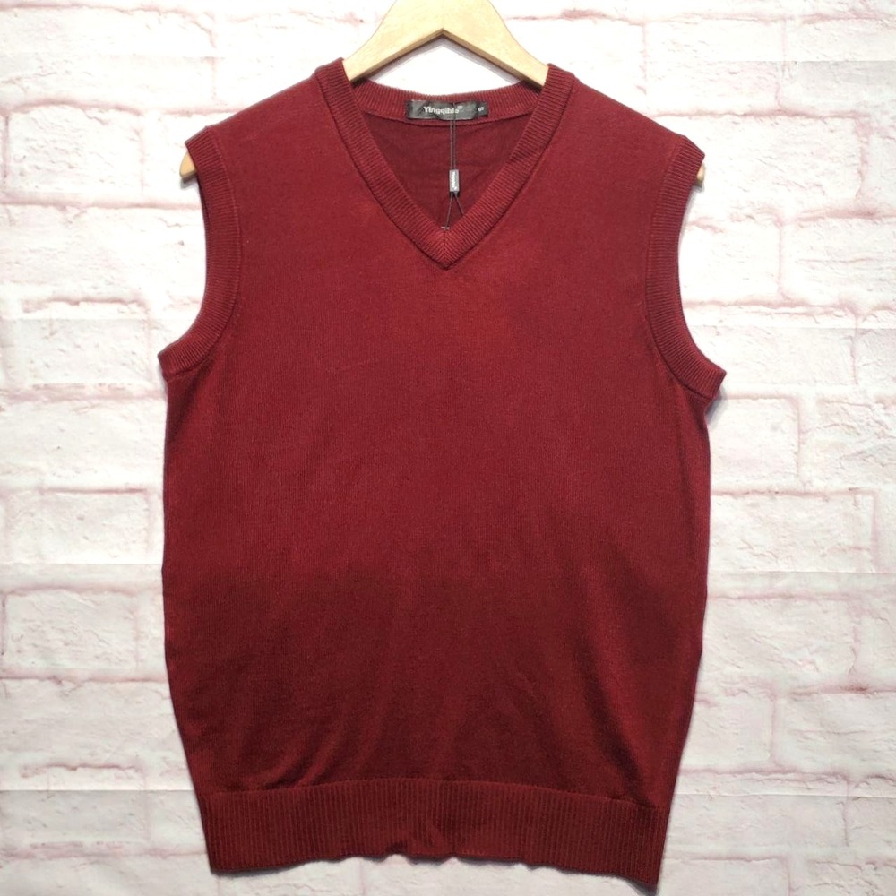 Yingqibie Sweater Vest Mens Small Red V Neck Wool Blend Knit Sleeveless Holiday